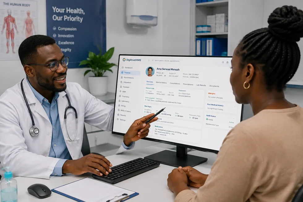 A doctor walks a patient through her record in Digitrust HMS