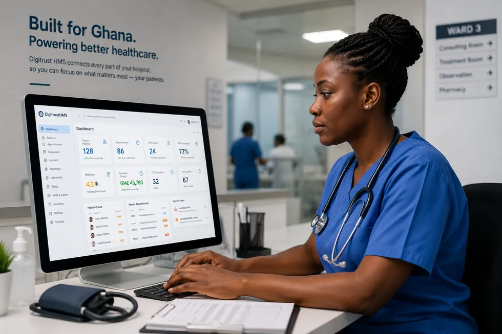 A nurse working in Digitrust HMS at a ward station