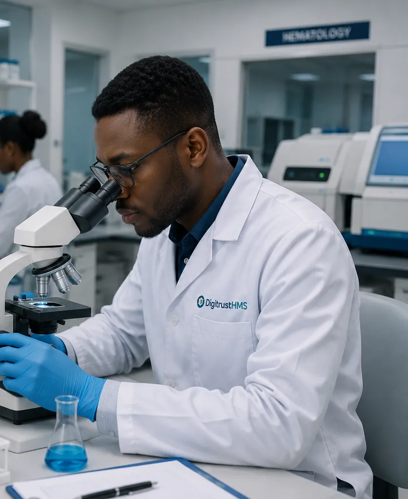 A laboratory scientist works at the microscope beside the Digitrust HMS lab worklist
